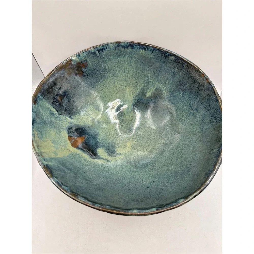 Hand Made Pottery Bowl, JS Signed Blue Green Color Textured Abstract 10